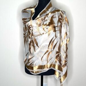🔥 Satiny Scarf Ivory Metallic Gold Bird Leaf & WTer Lily Print